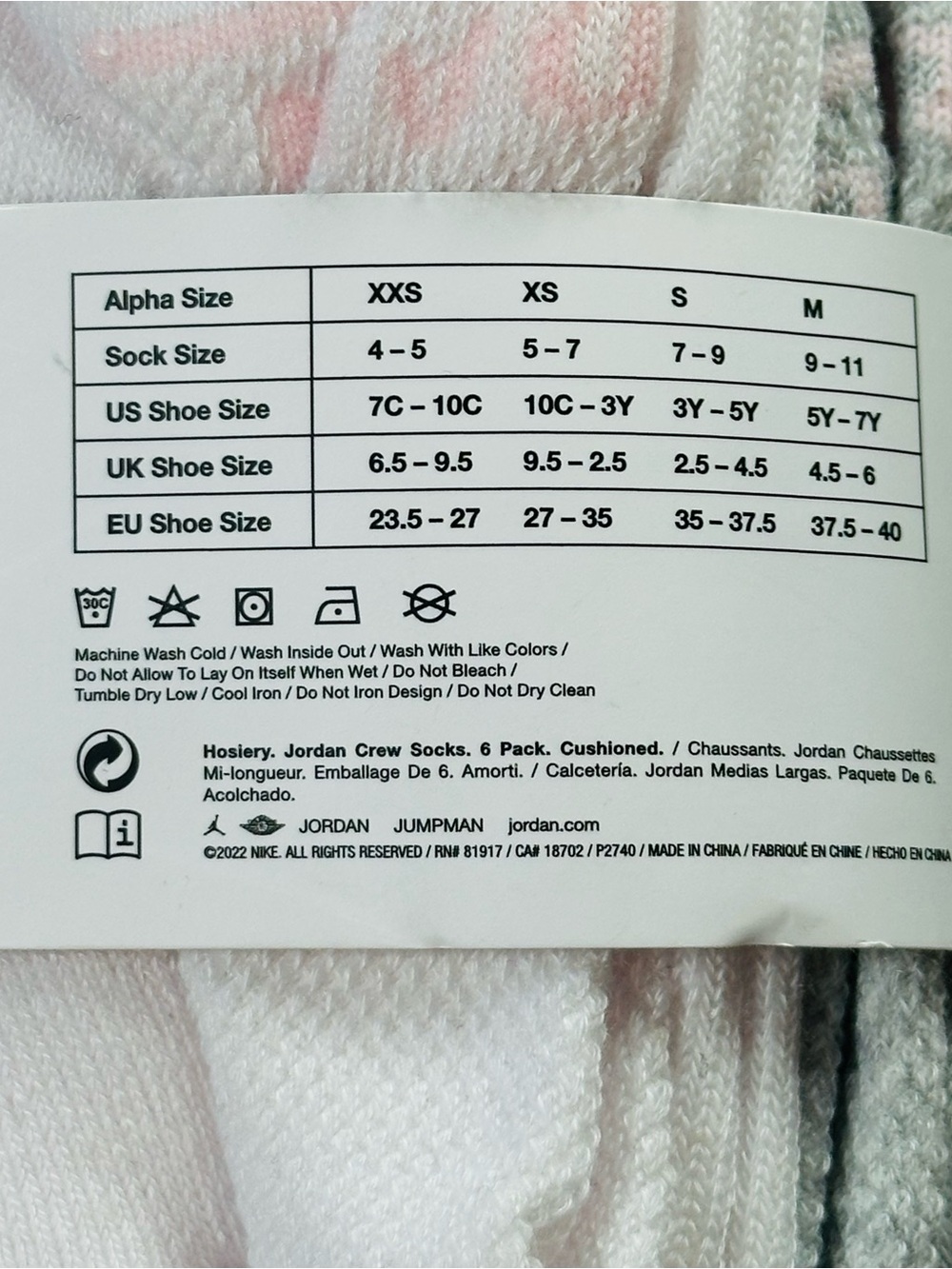 Jordan Kids Crew Socks Pack - Pink, Black & White pack of 6 - Picture 3 of 4
